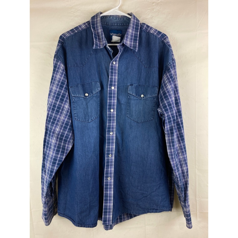 Vintage 90s Wrangler Western Shirt Mens XXL Blue Plaid Denim Pearl Snap Front
